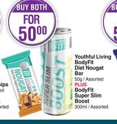 Youthful Living Body Fit Diet Nougat Bar 50g Plus BodyFit Super Slim Boost 300ml-For Both