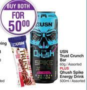USN Trust Crunch Bar Assorted 60g Plus Qhush Spike Energy Drink Assorted-For Both