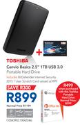 Toshiba Canvio Basics 2.5" 1TB USB 3.0 Portable Hard Drive