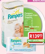Pampers Premium Care Nappies Mini-72's/Midi-60's/Maxi-52's Each