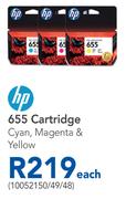 HP 655 Cartridge Cyan, Magenta & Yellow-Each