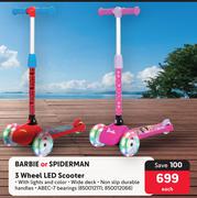 Barbie Or Spiderman 3 Wheel LED Scooter-Each