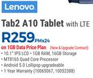 Lenovo Tab2 A10 Tablet With LTE-On 1GB Data Price Plan