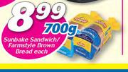Sunbake Sandwich/Farmstyle Brown Bread-700g Each