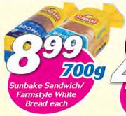 Sunbake Sandwich/Farmstyle White Bread-700g Each