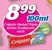 Colgate Herbal/Triple Action Toothpaste-100ml Each
