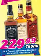 Jack Daniel's Tennessee Bourbon/Honey/Fire Whisky-750ml Each