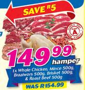 1 x Whole Chicken, Mince-500g, Braaiwors-500g, Brisket-500g & Roast Beef-500g