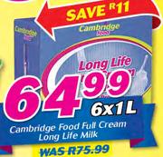 Cambridge Food Full Cream Long Life Milk-6x1Ltr