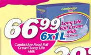 Cambridge Food Full Cream Long Life Milk-6 x 1Ltr
