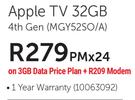 Apple TV 32GB 4th Gen MGT52SO\A+ R209 Modem-On 3GB Data Price Plan