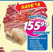Cambridge Food Mince 500gm/Brisket 500gm/Braaiwors 500gm/Roast Beef 500gm & 1 X Whole Chicken Hamper
