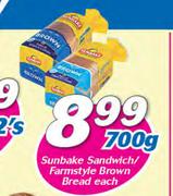 Sunbake Sandwich/Farmstyle Brown Bread-700gm Each
