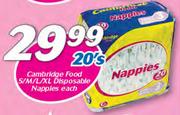 Cambridge Food S/M/L/XL Disposable Nappies-20's Pack