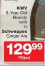 KWV 5 Year Old Brandy 750ml With 1Ltr Schweppes Ginger Ale