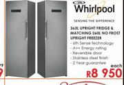 Whirlpool 363Ltr Upright Fridge & Matching 260Ltr No Frost Upright Freezer-Each