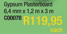 Gypsum Plasterboard 6.4mm x 1.2m x 3m C00078-Each
