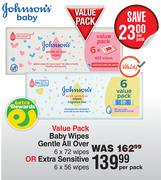 Johnson's Baby Wipes Gentle All Over Value Pack 6 x 72 Wipes Or Extra Sensitive 6 x 56 Wipes-Per Pac