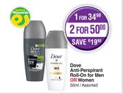 Dove Anti Perspirant Roll On For Men Or Women Assorted-50ml