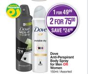 Dove Anti Perspirant Body Spray For Men Or Women Assorted-For 2 x 150ml
