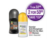 Garnier Anti Perspirant Roll On For Men Or Women Assorted-For 2 x 50ml