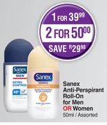 Sanex Anti Perspirant Roll On For Men Or Women Assorted-For 2 x 50ml