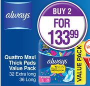 Always Quattro Maxi Thick Pads Value Pack 32 Extra Long, 36 Long-For 2