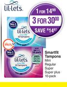Lil-Lets Smartfit Tampons Mini, Regular, Super, Super Plus 10 Pack-For 1
