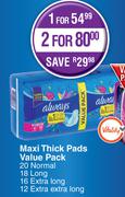 Always Maxi Thick Pads Value Pack 20 Normal, 18 Long, 16 Extra Long, 12 Extra Extra Long-For 1