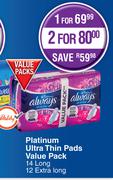 Always Platinum Ultra Thin Pads Value Pack 14 Long, 12 Extra Long-For 1