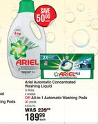 Ariel Automatic Concentrated Washing Liquid 3L Or All In 1 Automatic Washing Pods 30 Pods-Each