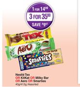 Nestle Tex Or Kitkat Or Milky Br Or Aero Or Smarties Assorted-For 3 x 40g/41.5g