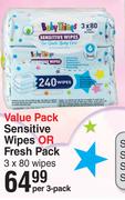 Baby Things Value Pack Sensitive Wipes Or Fresh Pack 3 x 80 Wipes-Per Pack