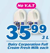 Dairy Corporation Full Cream Fresh Milk-3Ltr Each