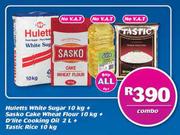 Huletts White Sugar 10kg+Sasko Cake Wheat Flour 10kg+D'Lite Cooking Oil 2Ltr &Tastic Rice 10kg Combo