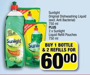 Sunlight Original Dishwashing Liquid-750ml Plus 2 x Sulight Liquid Refill Pouches-750ml
