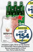 Heineken Lager,Silver Or 0% Alcohol 6x330ml Non Returnable Bottles Or Benini 6x275ml-Any 2