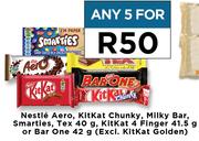 Nestle Aero, Kitkat Chunky, Milky Bar, Smarties, Tex 40g, Kitkat 4 Finger Or Bar One 42g-For Any 5