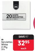 M Serviettes White 2 Ply-20's Each