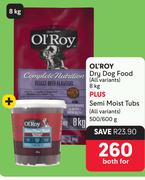 Ol'Roy Dry Dog Food 8Kg Plus Semi Moist Tubs 500/600g-Both For