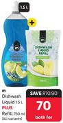 M Dishwash Liquid 1.5L Plus Refill 750ml All Variants-Both for