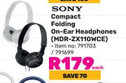 Sony Compact Folding On Ear Headphones MDR-ZX110WCE 791703/791699