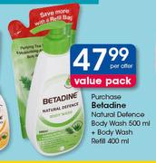 Betadine Natural Defence Body Wash-500ml + Body Wash Refill-400ml Per Offer
