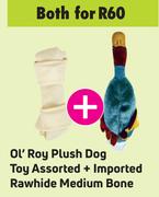 Ol'Roy Plush Dog Toy Assorted + Imported Rawhide Medium Bone-Both For