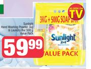 Sunlight Hand Washing Powder-3Kg & Laundry Bar-500g Value Pack