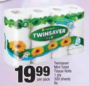 Twinsaver Mini Toilet Tissue Rolls 1 Ply 300 Sheets-8s Per Pack
