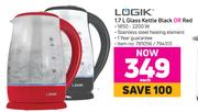 Logik 1.7L Glass Kettle Black Or Red-Each
