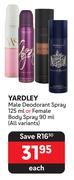 Yardley Male Deodorant Spray 125ml Or Female Body Spray 90ml (All Variants)-Each
