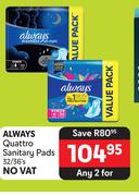 Always Quattro Sanitary Pads 32/36's-For 2