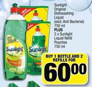 Sunlight Original Dishwashing Liquid-750ml Plus 2 x Sunlight Liquid Refill Pouches-750ml